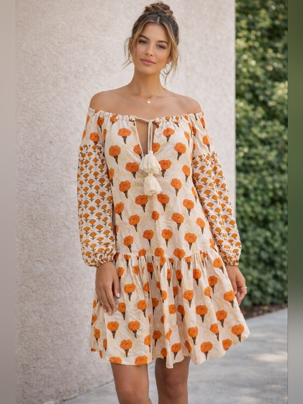 Aish Boho On Or Off-Shoulder Cream Dress with Orange Floral Mixed Print Sz Small
